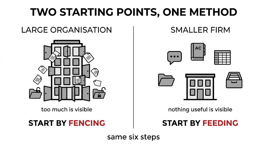 Two halves. A tall building with too many open doors and papers spilling out, captioned too much is visible, start by fencing. A small building with its chat app, ledger, spreadsheet and filing cabinet floating out of reach, captioned nothing useful is visible, start by feeding.