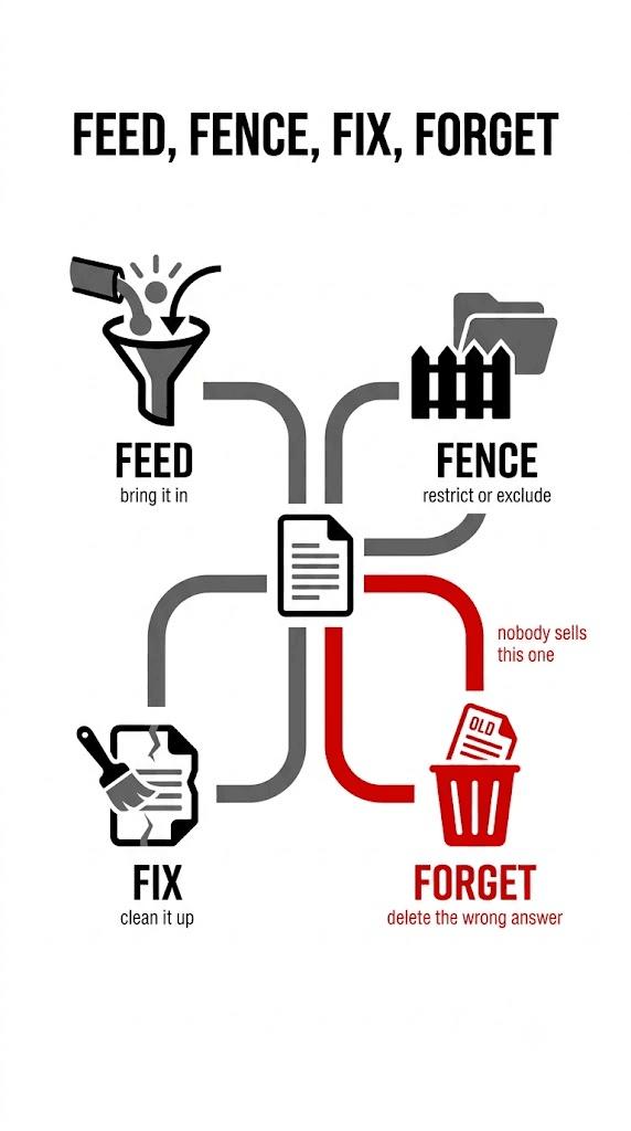 One document splitting into four paths: feed through a funnel, fence behind a barrier, fix with a brush, and forget into a waste bin drawn in red and labelled delete the wrong answer.