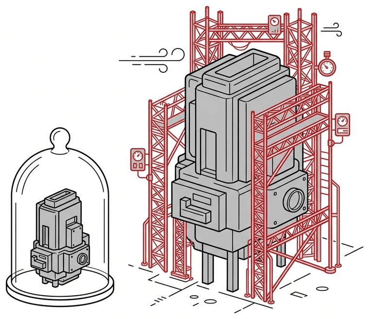 A small prototype under a glass cloche beside the same machine rebuilt at full size, braced with red scaffolding and monitoring gauges so it can stand outdoors.