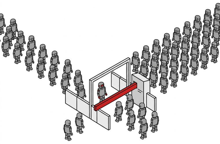 Rows of identical grey robot figures queueing at a checkpoint where a red barrier arm admits some and holds the rest back.