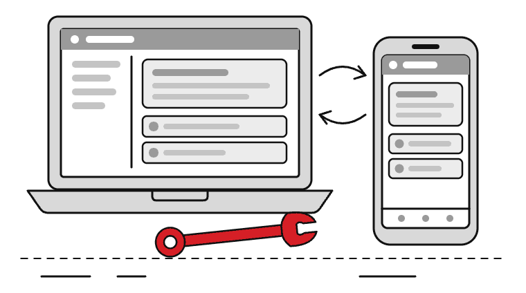 A laptop and a phone show the same app screen. Grey arrows between them show they stay in step. A red spanner lies on the desk in front of them.