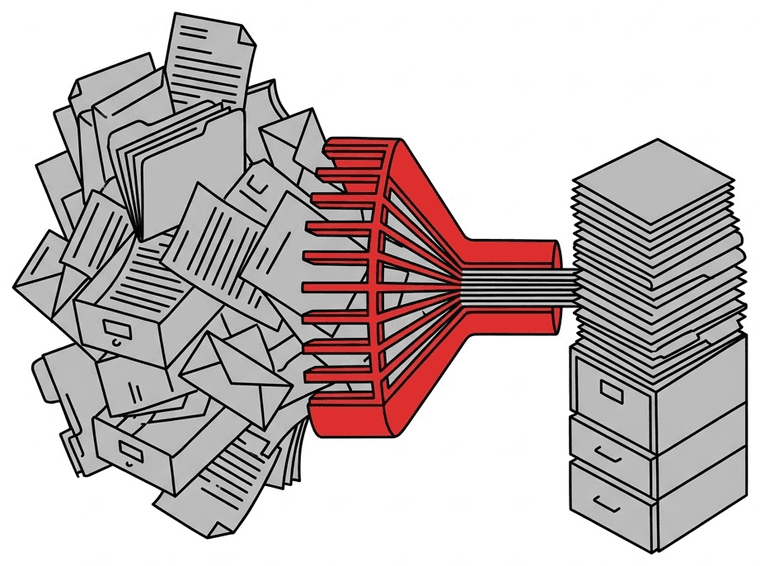A tangled heap of grey documents, folders and envelopes being drawn through a red comb that straightens them into a neat ordered stack on the other side.