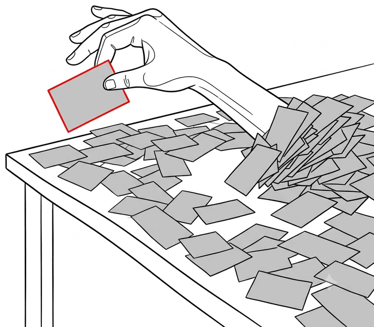 A hand sorting through a table covered in identical grey cards, lifting one card outlined in red clear of the pile and pushing the rest aside.