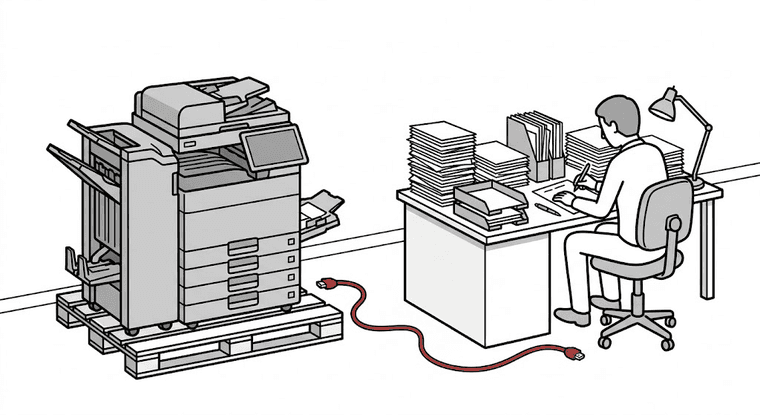 A brand new grey machine standing unused on its delivery pallet while, at a desk beside it, a person carries on doing the same work by hand among stacks of paper, with a single red cable lying unplugged on the floor between them.
