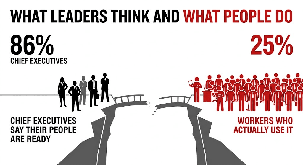 A wide gap drawn between two figures: eighty-six per cent of chief executives believe their people are ready, while about a quarter of workers actually use AI regularly, shown in red.