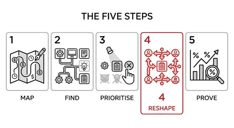 The five steps shown left to right as a numbered journey: map, find, prioritise, reshape and prove, with reshape drawn in red as the step where the value sits.