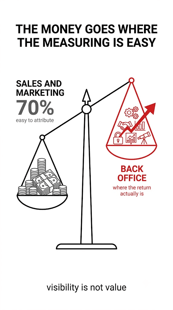 A weighing scale tipped heavily toward a pan of coins and notes labelled sales and marketing at seventy per cent, easy to attribute. The raised pan, drawn in red, is labelled back office, where the return actually is. Underneath: visibility is not value.